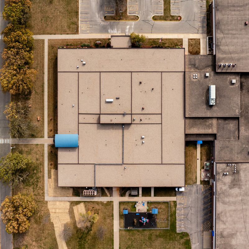 wider aerial drone shot of Riverland Community College