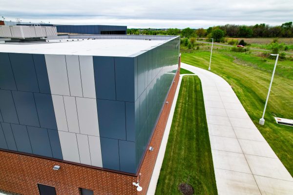 detail drone of metal wall panels at Aubry Bend Middle School - 2