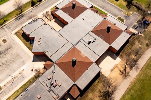 aerial of steep slope roofing completed at Willow Creek Middle School