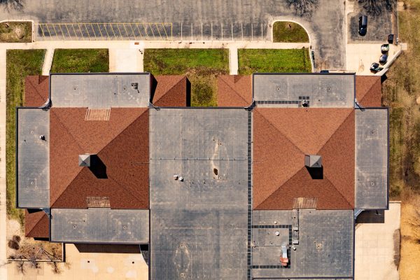 aerial drone of two shingled sections at Willow Creek Middle School