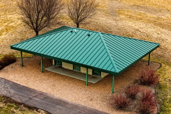 green metal roof over restrooms at Dacotah Ridge Golf Course