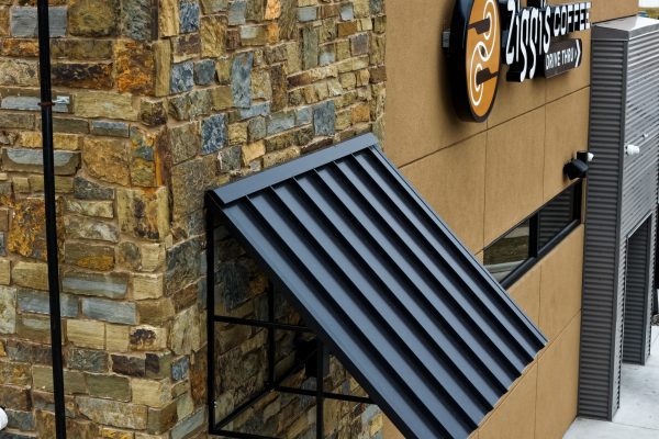 detail of metal awning on Ziggi's Coffee drive thru