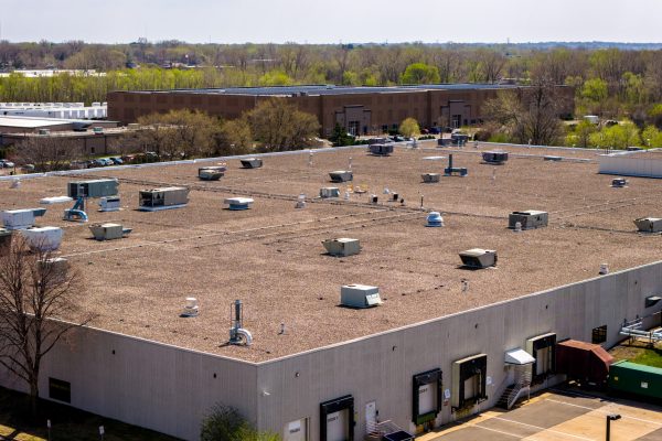 close up aerial of office building roof